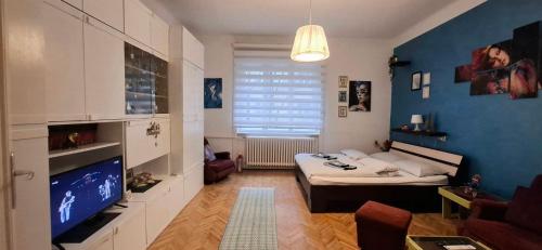 Svetla i topla spavaća soba Apartment TRio u Novom Sadu sa velikim bračnim krevetom.