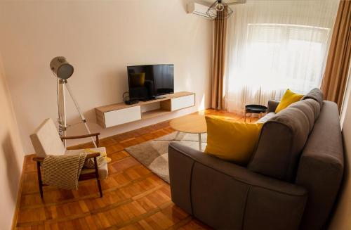 Prijatan enterijer dnevnog boravka sa pogledom na reku u objektu Apartman No.5.